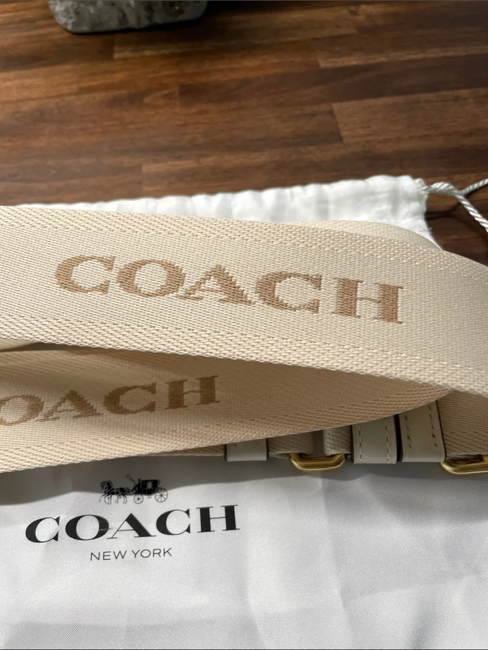 COACH Beige Canvas Logo Strap with Gold Hardware
